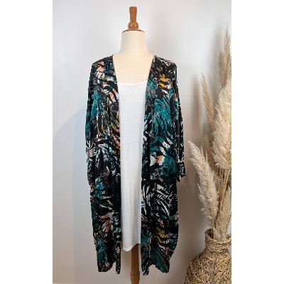 Kimono en soie imprimé tropical vert canard grande taille