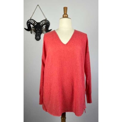 Pull mailles fines fantaisie boutons - corail