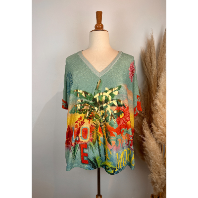 Pull lurex manches courtes palmier coloré grande taille