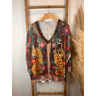 Pull maille poilue tigres art naif grande taille