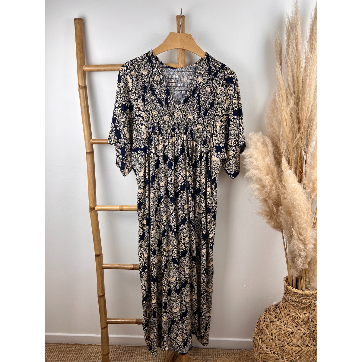 Robe longue bohème imprimé jouy smockée 40 46