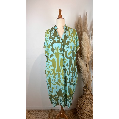 Robe viscose imprimée grande taille kaki / bleu