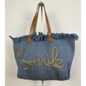 Sac en coton anses cuir smile bleu 