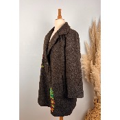 Manteau laine ananas brodé marron chocolat grande taille 