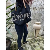 Sac en coton anses cuir bohme - noir