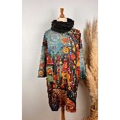 Robe imprimé naïf manoirs + écharpe grande taille