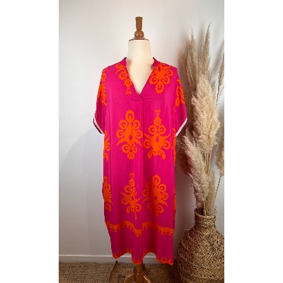 Robe viscose imprimée grande taille fushia / orange