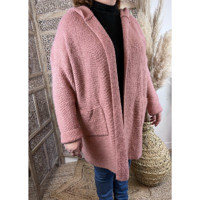Veste épaisse laine vieux rose à capuche bohème