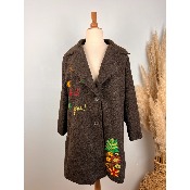 Manteau laine ananas brodé marron chocolat grande taille 