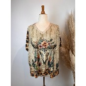 Pull fin lurex manches courtes tête de buffle cactus grande taille