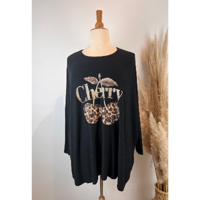 Pull col rond Cherry cerises léopard grande taille 58 - 60