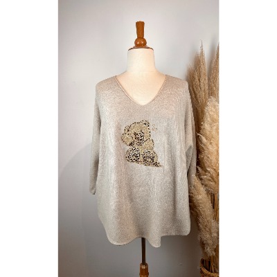 Pull col V ours léopard grande taille