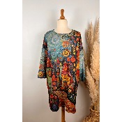 Robe imprimé naïf manoirs + écharpe grande taille