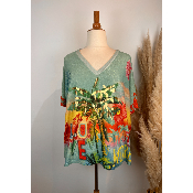 Pull lurex manches courtes palmier coloré grande taille