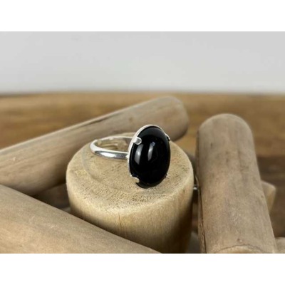 Bague cabochon onyx noir en argent 925 grande taille