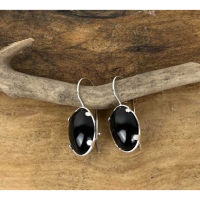 Boucles d'oreilles bohème cabochon onyx noir en argent 925