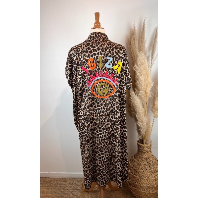 Robe chemise / Kimono léopard brodé "Ibiza" grande taille