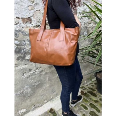 Sac cuir petit cabas porté épaule - camel