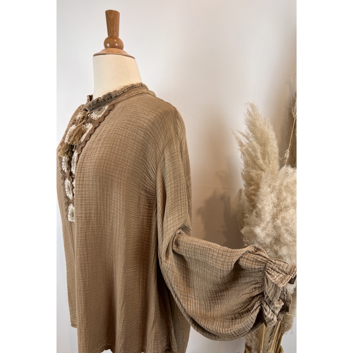 Tunique Bohème Carling Saumon - Manches Longues Crochet - Taille 36 - Coton - Très Bon état
