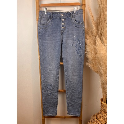Jean étoiles brodées strass boutons Karostar bleu moyen