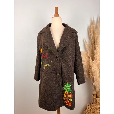 Manteau laine ananas brodé marron chocolat grande taille 
