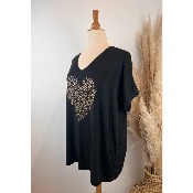 Pull manches courtes coeur léopard strass grande taille
