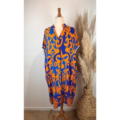 Robe viscose imprimée grande taille bleu / orange
