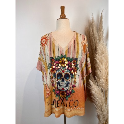 Pull fin lurex manches courtes Tête de mort Calavera grande taille