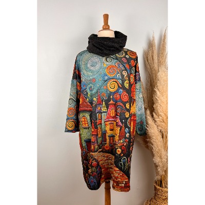 Robe imprimé naïf manoirs + écharpe grande taille