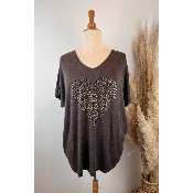 Pull manches courtes coeur lopard strass grande taille