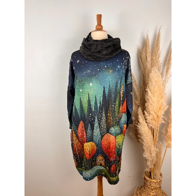 Robe imprimé naïf forêt + écharpe grande taille