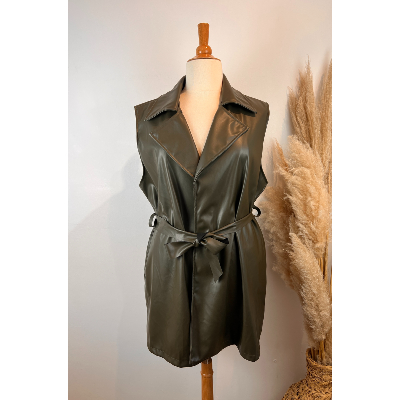 Veste trench sans manches en simili cuir grande taille