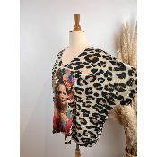 Pull manches courtes en mailles imprimes Frida lopard grande taille