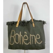 Sac en coton anses cuir bohème - kaki