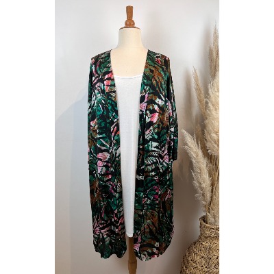 Kimono en soie imprimé tropical vert grande taille