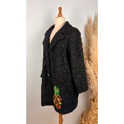 Manteau laine ananas brodé noir grande taille 