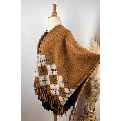 Poncho ecossais camel à franges laine bohème