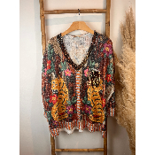 Pull maille poilue tigres art naif grande taille
