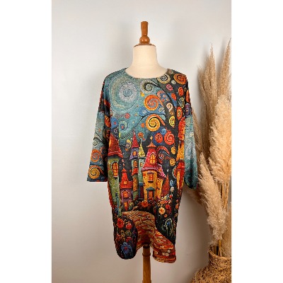 Robe imprimé naïf manoirs + écharpe grande taille