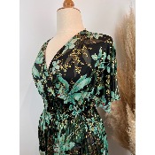 Robe longue magique du 38 au 52 fleurs vertes fond noir
