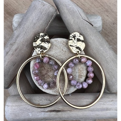 Boucles d'oreilles créoles et pierres naturelles acier doré