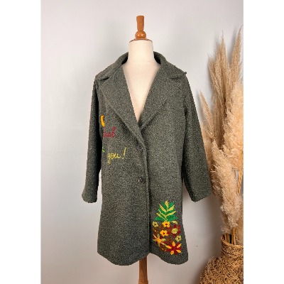 Manteau laine ananas brodé kaki grande taille 
