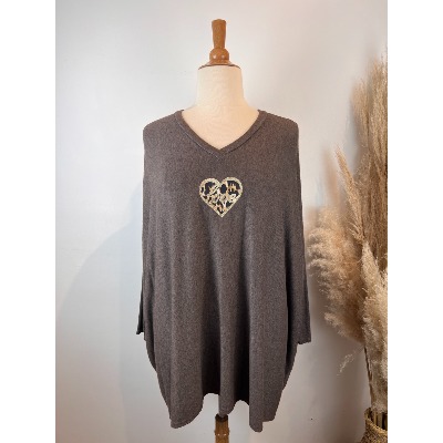 Pull coeur léopard marron oversize 56-58 grande taille