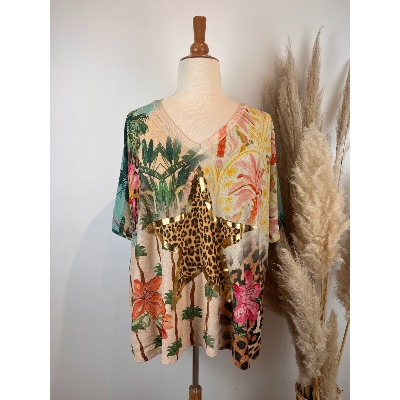 Pull fin lurex manches courtes étoile léopard grande taille