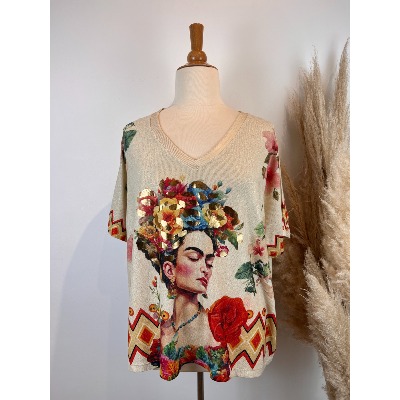 Pull fin lurex manches courtes Frida Kahlo grande taille