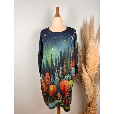 Robe imprimé naïf forêt + écharpe grande taille