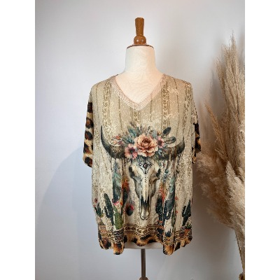 Pull fin lurex manches courtes tête de buffle cactus grande taille