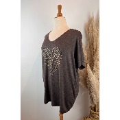 Pull manches courtes coeur léopard strass grande taille