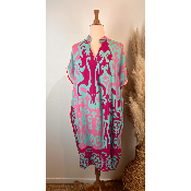 Robe viscose imprimée turquoise / rose  / fushia grande taille