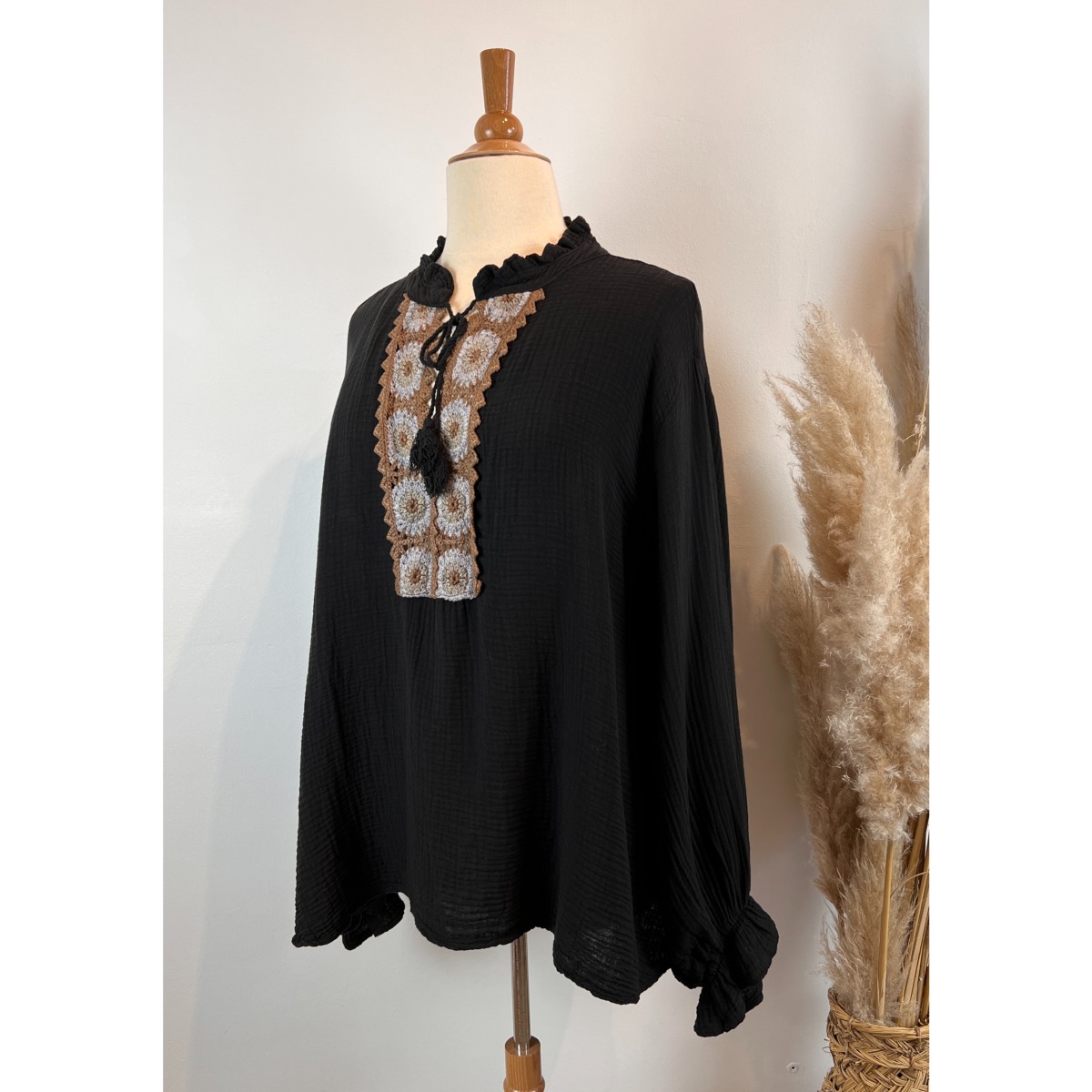 Tunique Boh?�me Noire Coton Crochet Grande Taille Femme